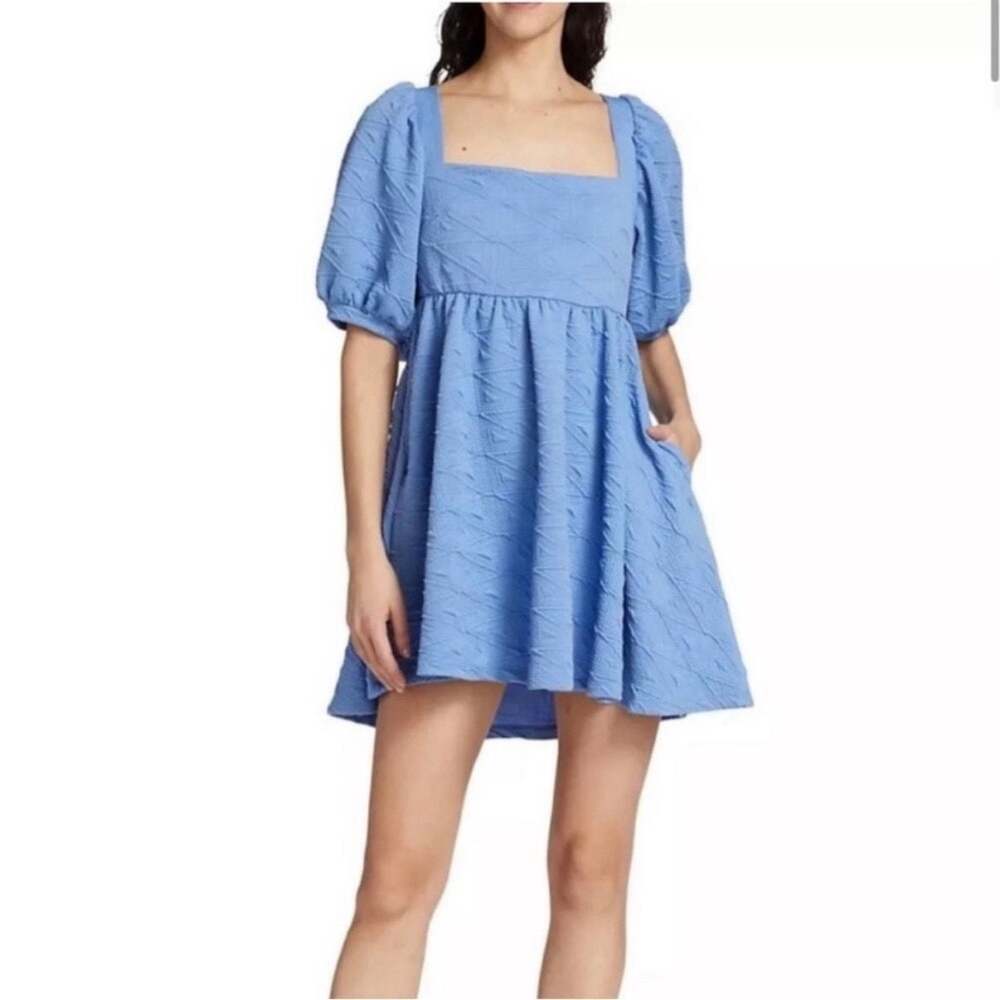 Free People Puff Sleeve Textured Mini Dress December Sky Blue Small